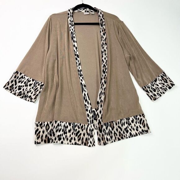 Chico's Travelers Cardigan Womens 16/18 Sweater Leopard Tan Slinky 3/4 Sleeve - Picture 1 of 7